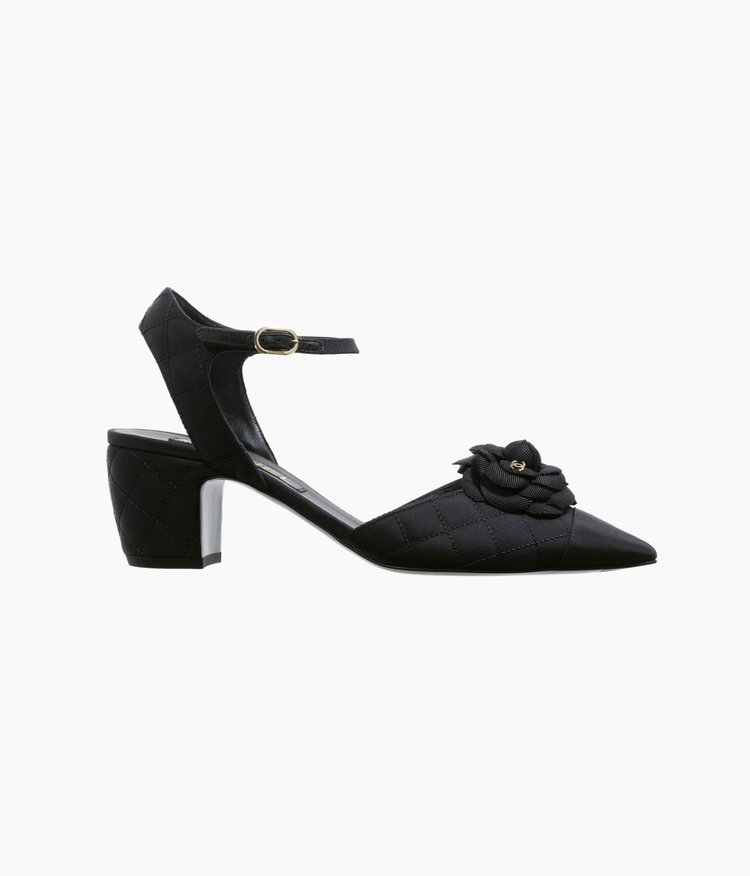 Chanel Bow Ankle Strap Toe Cap Pumps in Black Suede & Satin — UFO
