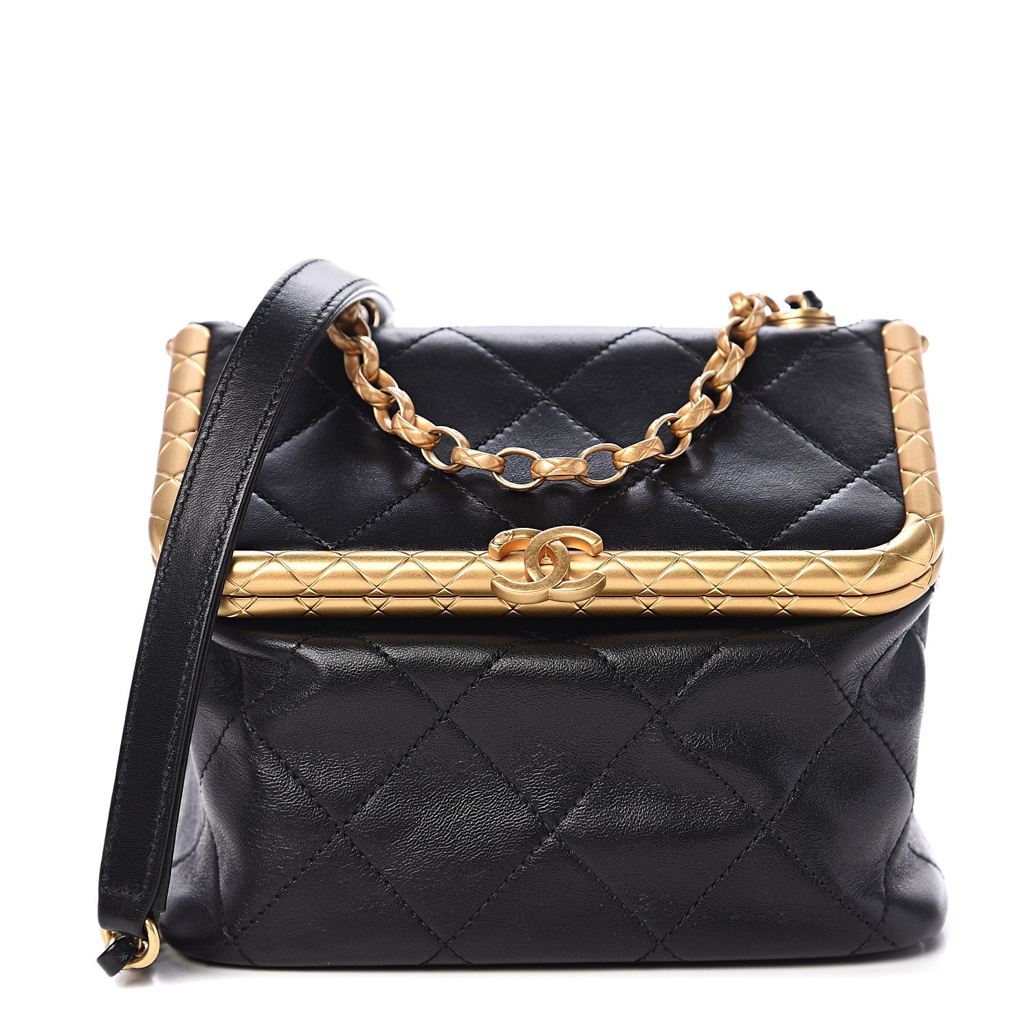 Chanel Quilted Kiss-Lock Bag in Black Lambskin & Gold-Tone Metal