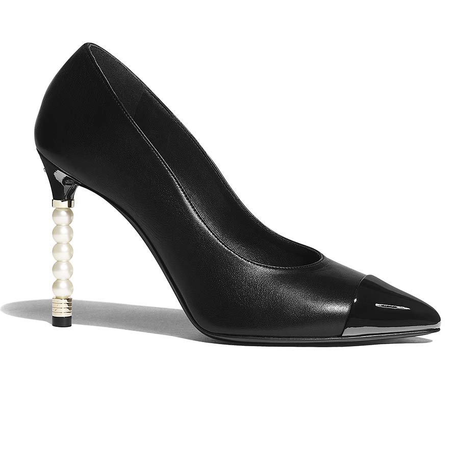 Chanel Black Leather Cap Toe Pearl Heel Pumps Size EU 38