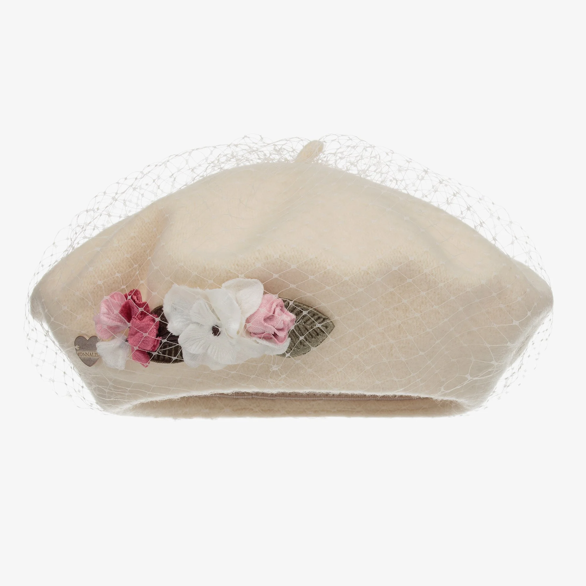Monnalisa Wool Floral Beret in Ivory