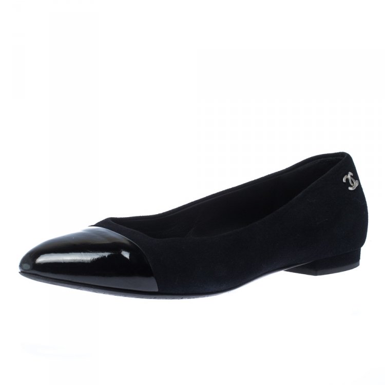 CHANEL Patent Quilted Cap Toe Ballerina Flats 39 Black 97982