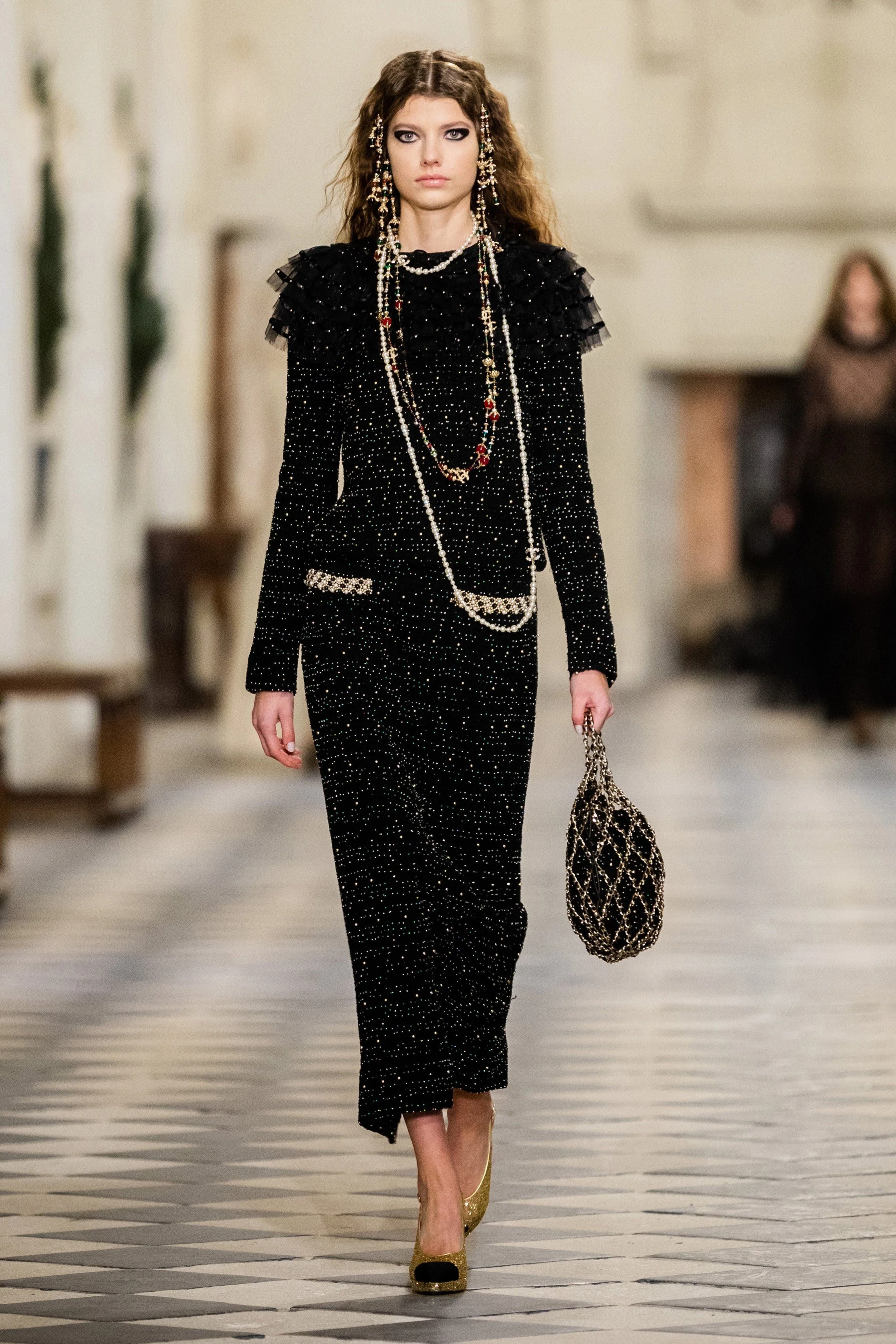 Chanel Ruffle and Pearl Embellished Tweed Ankle-Length Dress