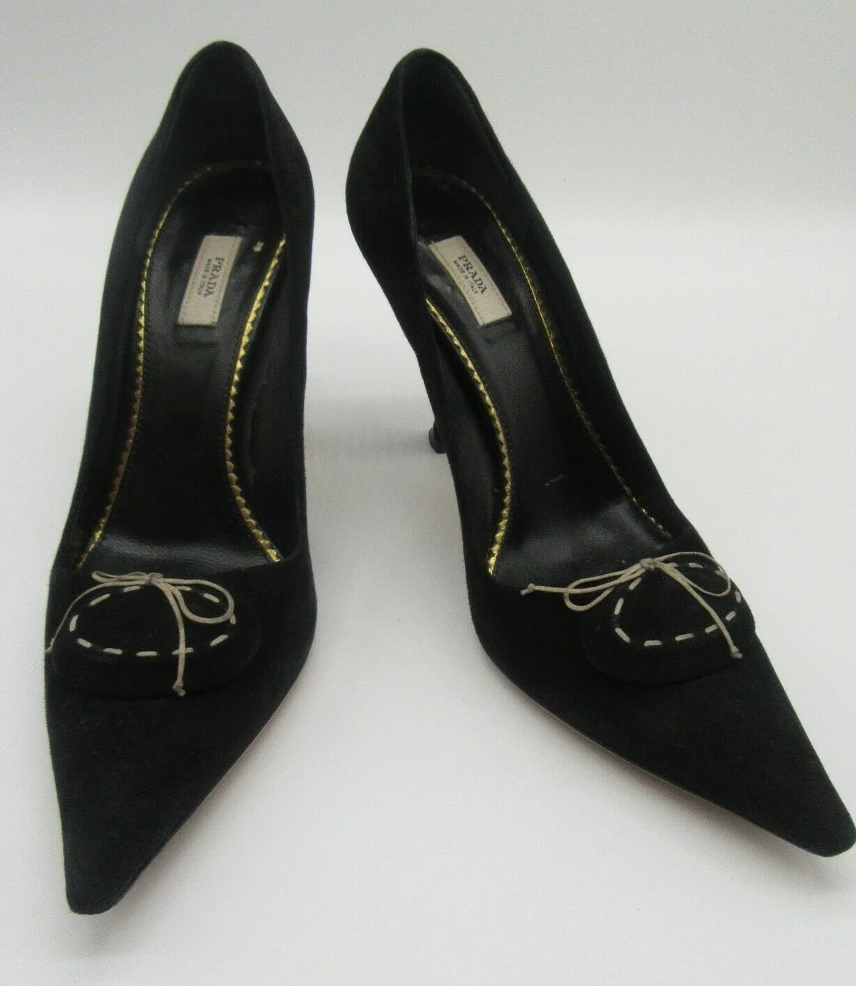 Prada Round Stitch Detail Pointed Pumps in Black Suede