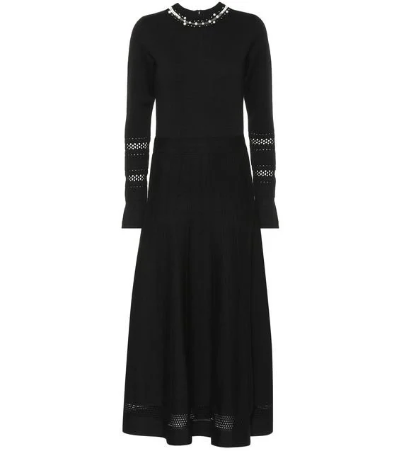 Oscar de la Renta Faux Pearl Knitted Midi Dress in Black