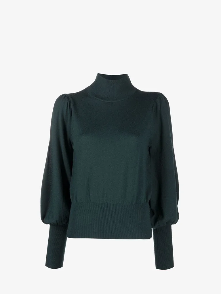 Zimmermann Puff-Sleeve Roll-Neck Knitted Top in Bottle Green