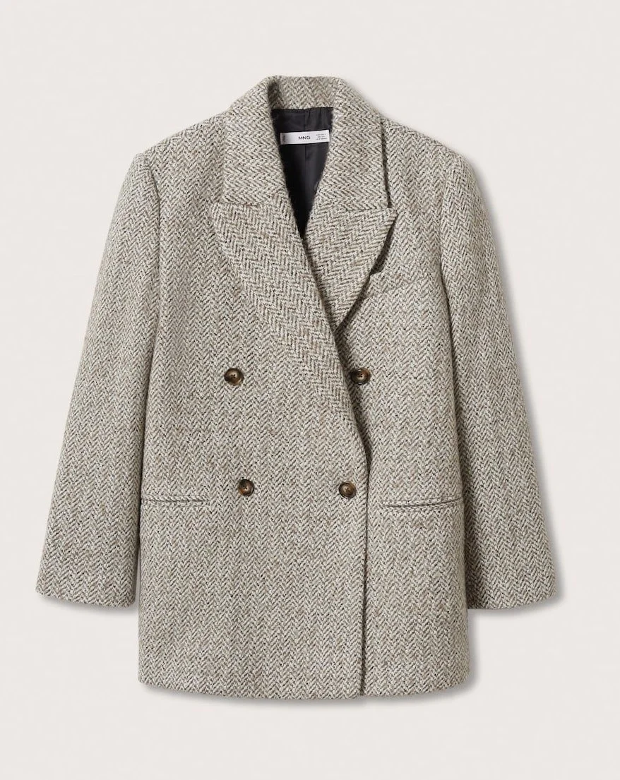 Mango Twin Herringbone Wool-Blend Blazer in Ecru