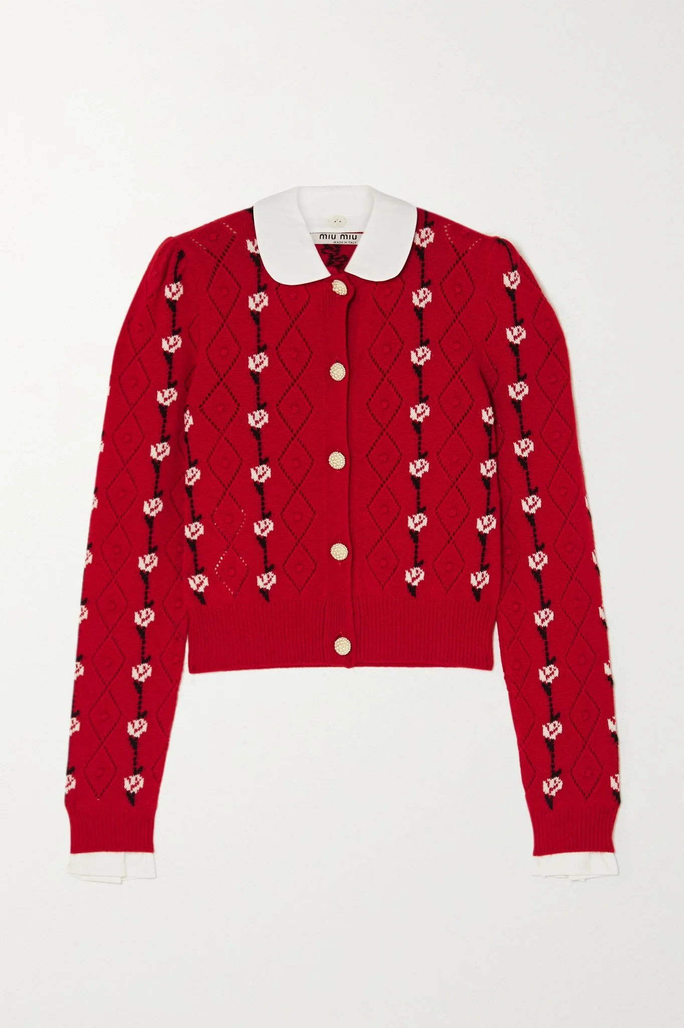 Miu Miu Cotton-Trimmed Cashmere-Jacquard Cardigan in Red