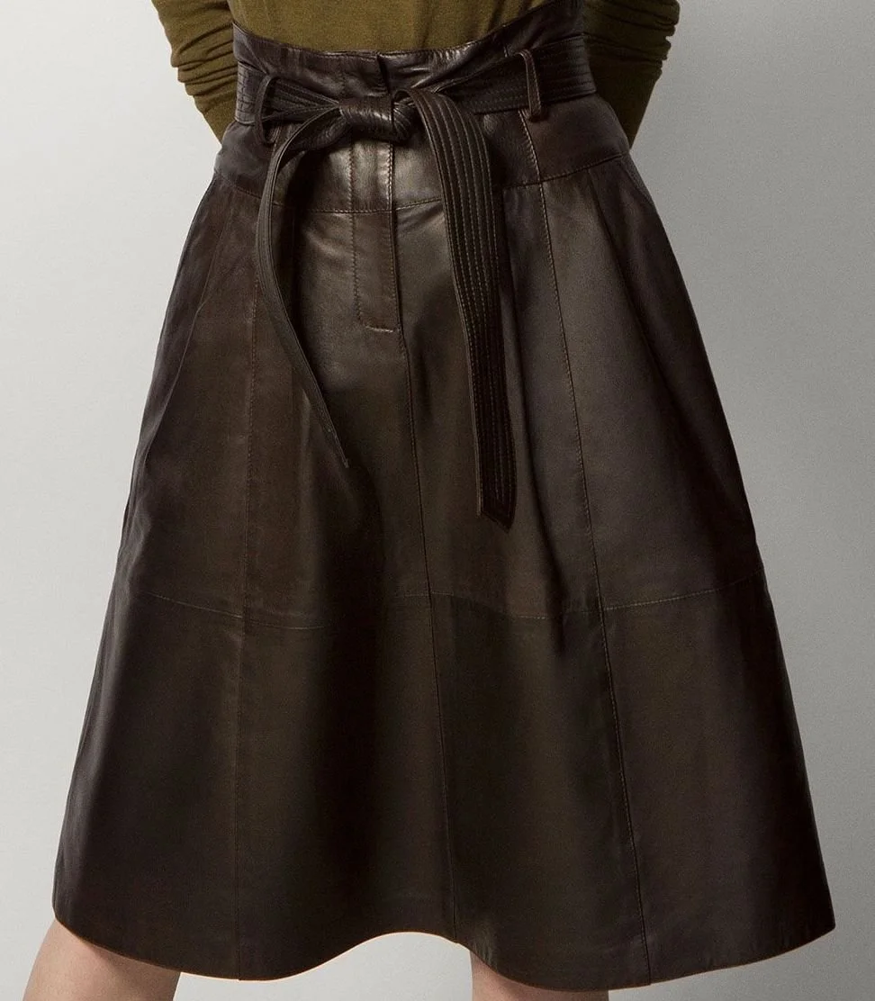 Massimo Dutti Mid Length Belted Leather Skirt