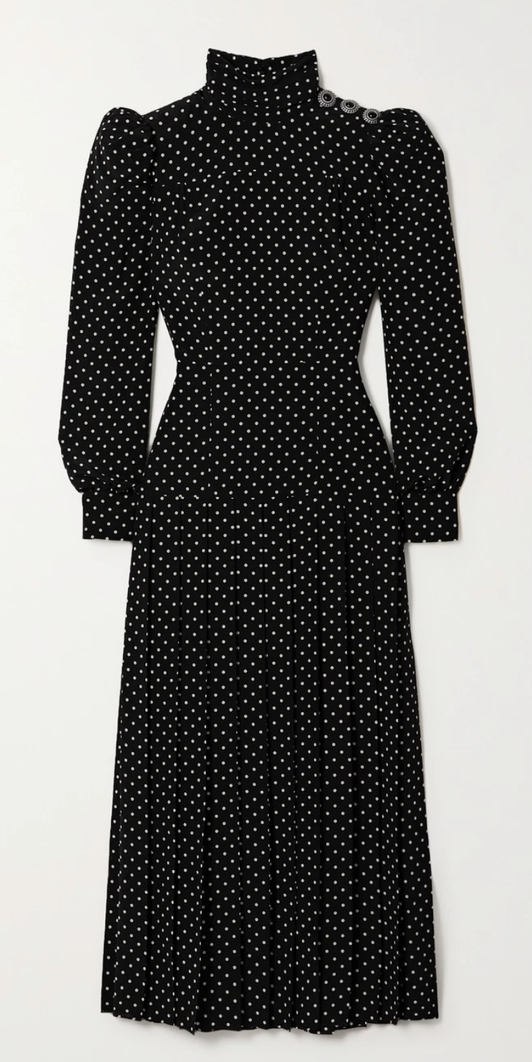 Alessandra Rich Pleated Polka-Dot Midi Dress in Black