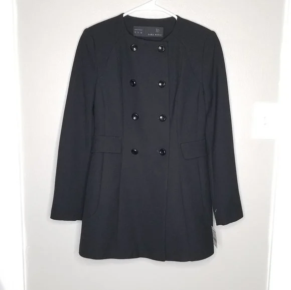 Zara Collarless Double-Breasted Coat in Black
