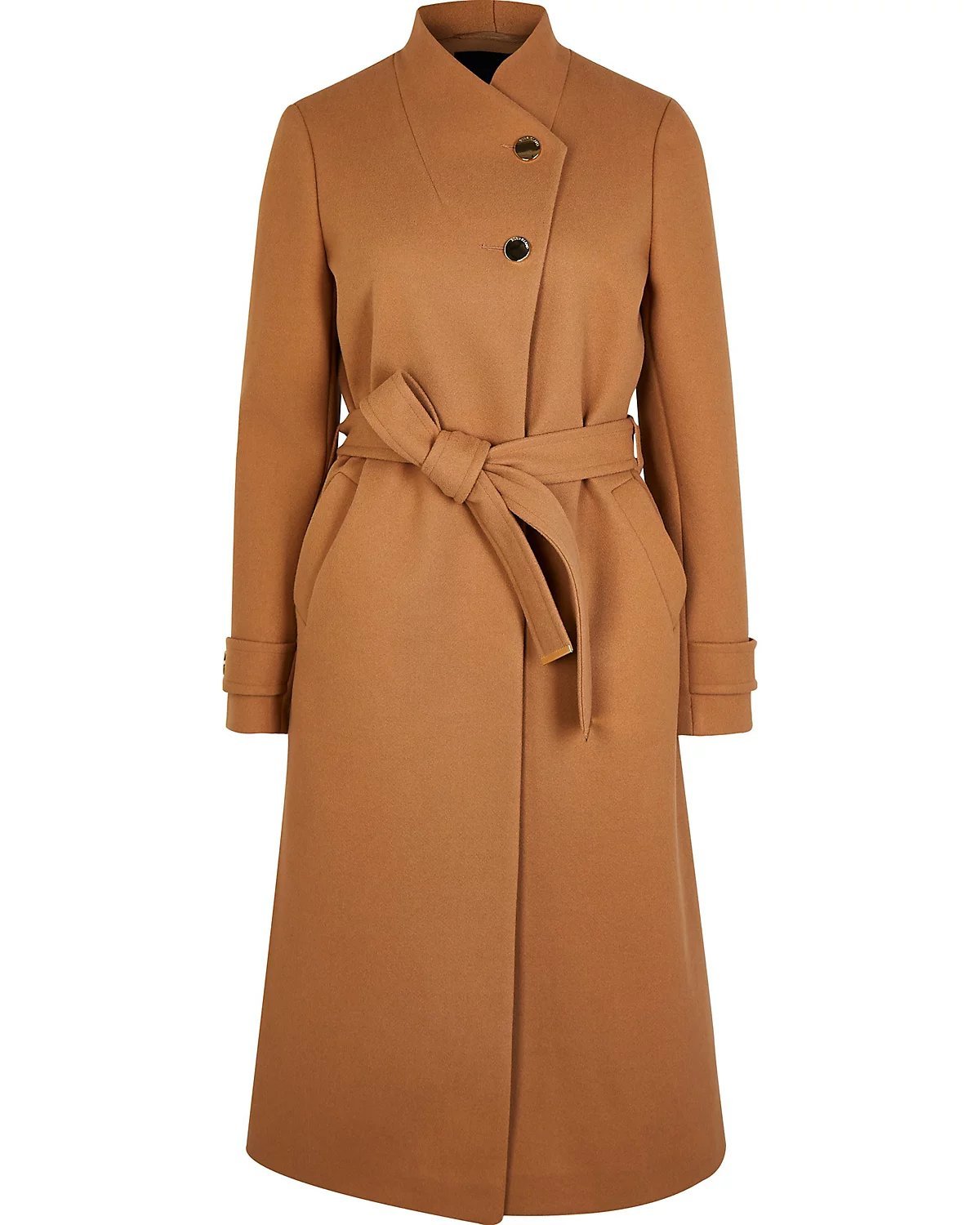 River Island Belted Wrap Coat in Brown