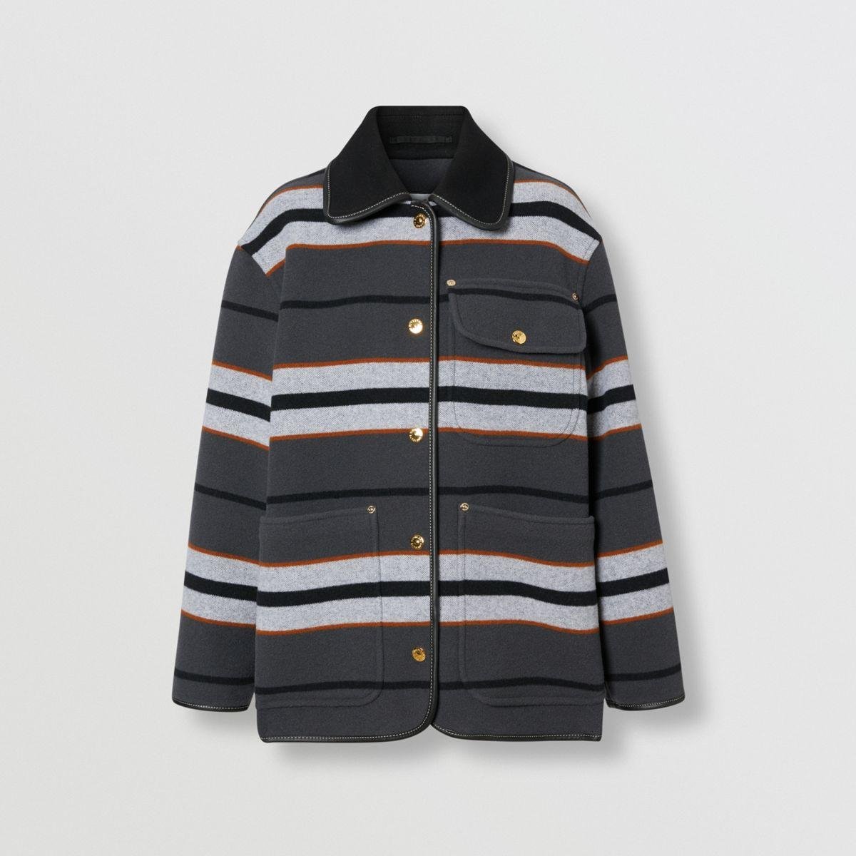 Burberry Lambskin Trim Stripe Intarsia Wool Barn Jacket in Mid Grey.jpeg