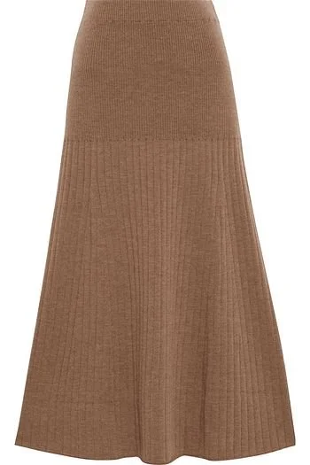 Iris & Ink Ernestine Ribbed Merino Midi Skirt in Camel