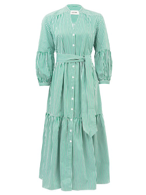 Cefinn Alice Belted Striped Cotton-poplin Midi Dress In Green.png