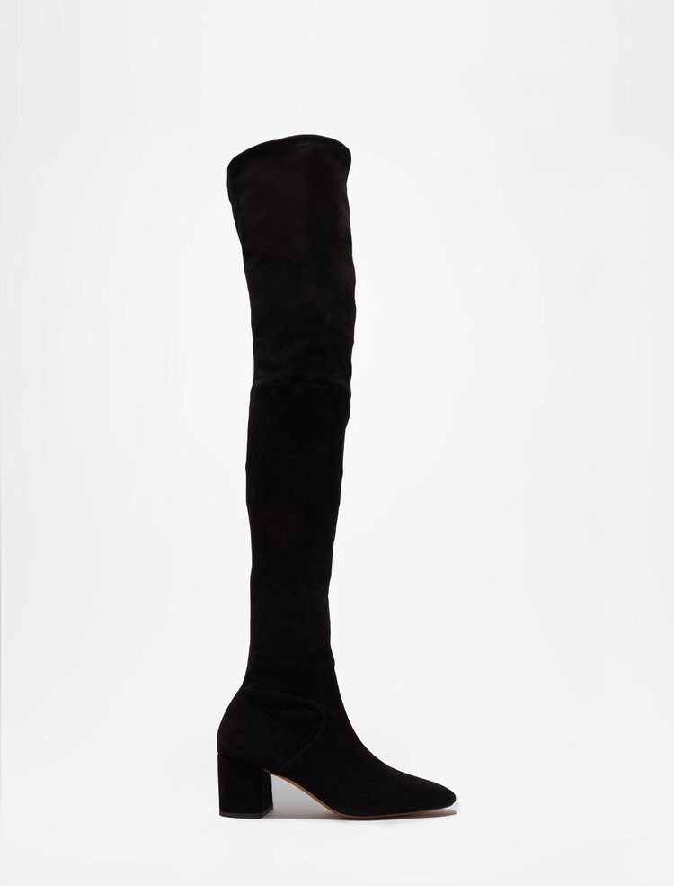 Maje Faeni Heeled Thigh-High Boots in Black Suede — UFO No More