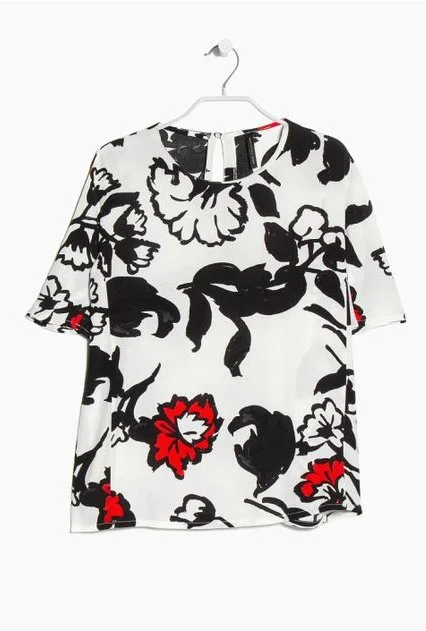 Mango Floral Print Blouse in White/Black/Red