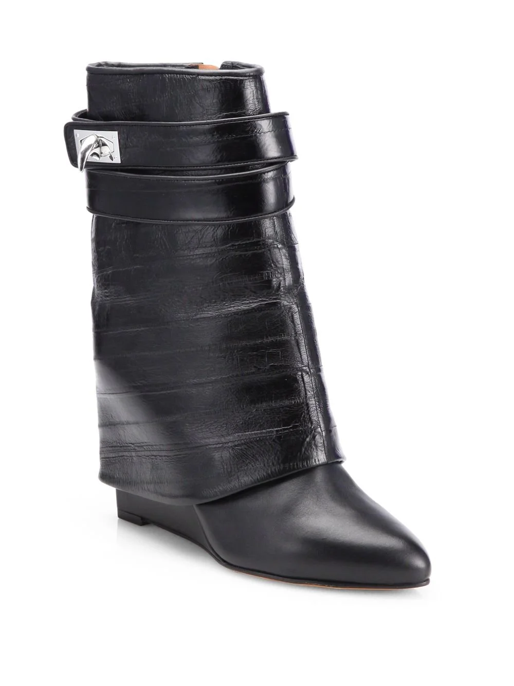 Givenchy Shark-Lock Wedge Boots in Black Eel Skin Leather