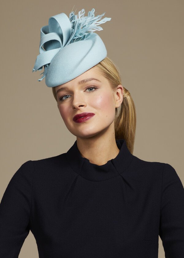 Juliette Botterill Feather Bow Percher Hat in Mint Blue — UFO No More