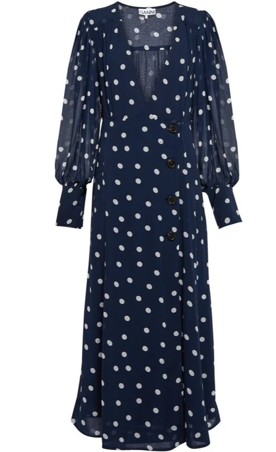 Ganni Polka-Dot Georgette Wrap Midi Dress