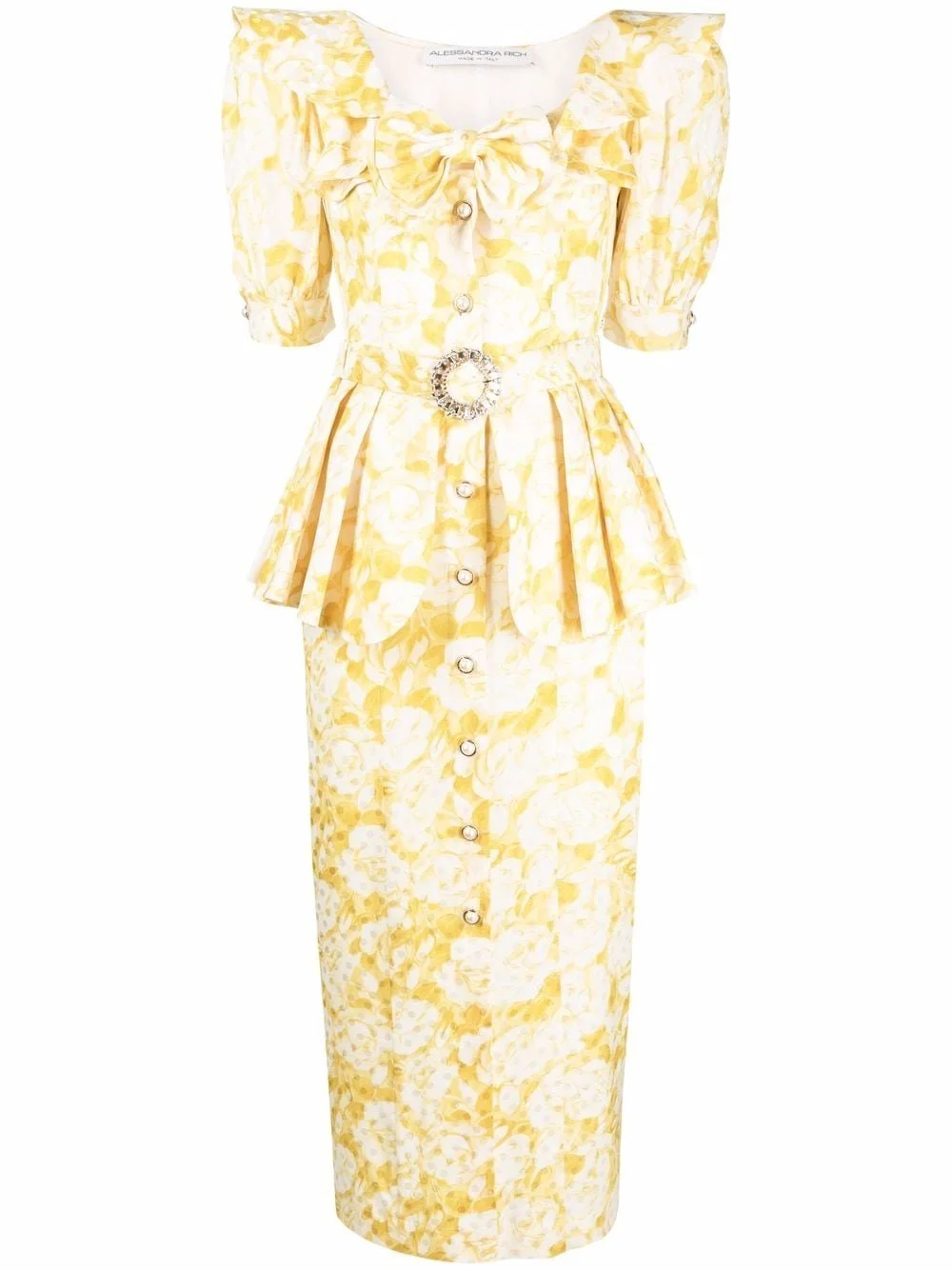 Alessandra Rich Floral Peplum Midi Silk Dress