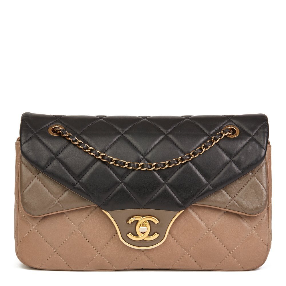 Chanel Tri-Colour Double Flap Bag in Black/Brown/Taupe Lambskin
