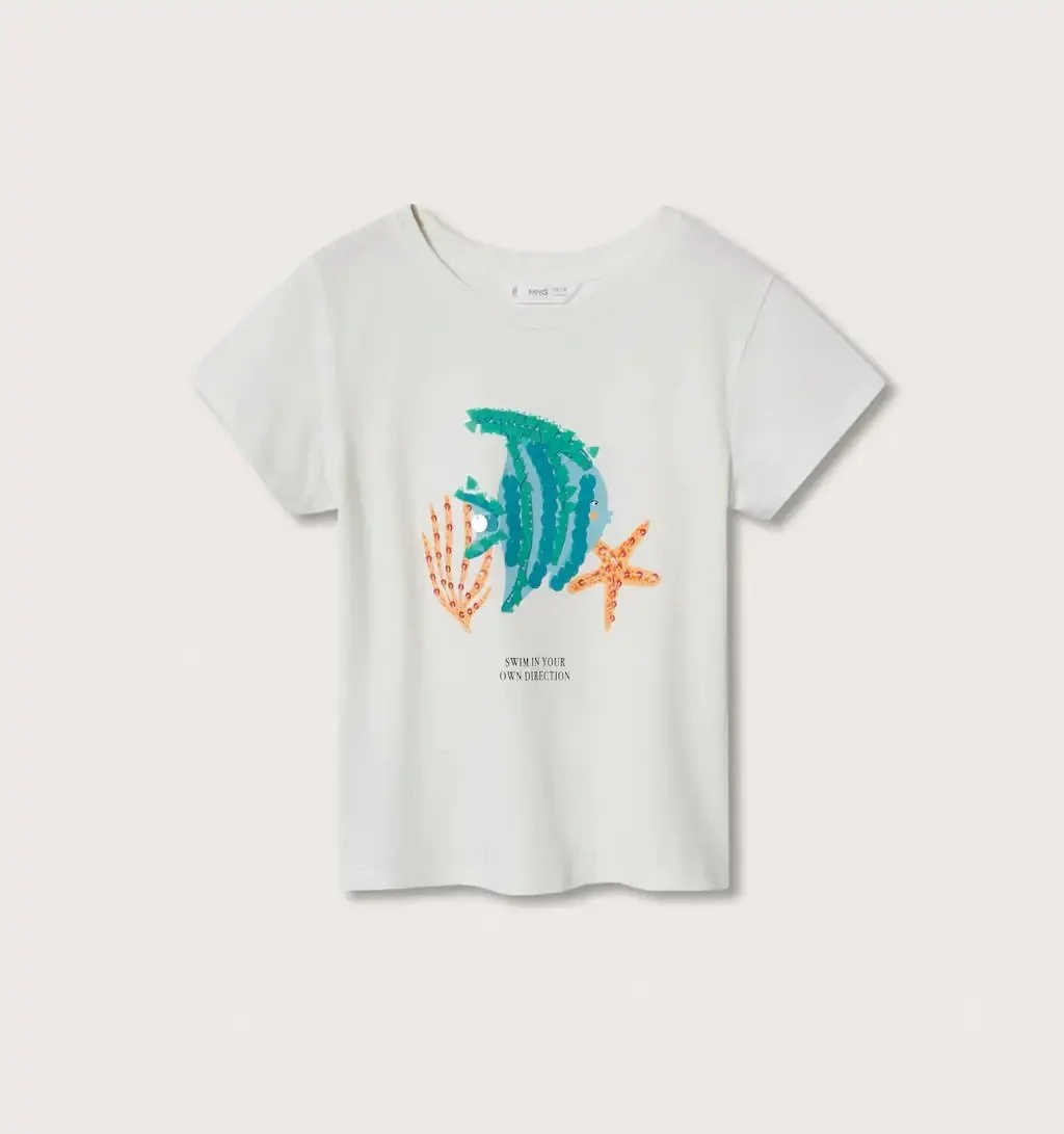 Mango Sequins Printed T-Shirt in Off-White