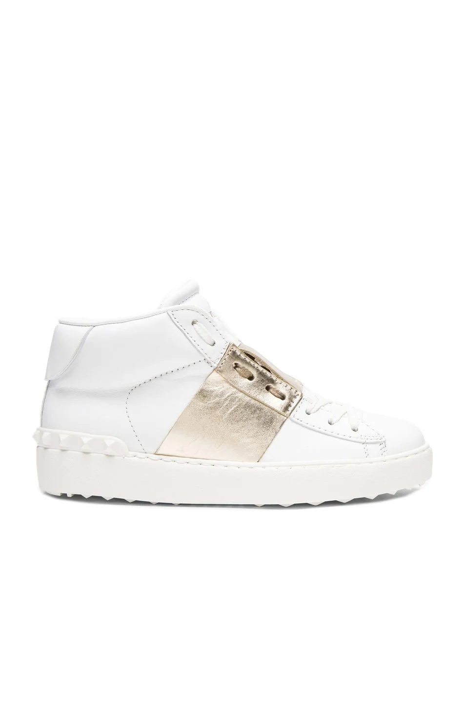 Valentino Rockstud Stripe High-Top Sneakers in White Gold