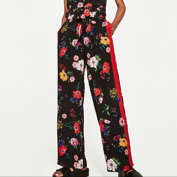 Zara Floral Trousers with Contrast Stripe.jpg