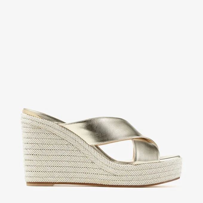 Jimmy Choo Dovina 100 Wedge Sandals in Champagne