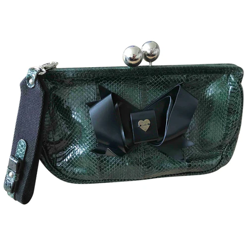 Luella Bow Python-Effect Leather Clutch in Green.png