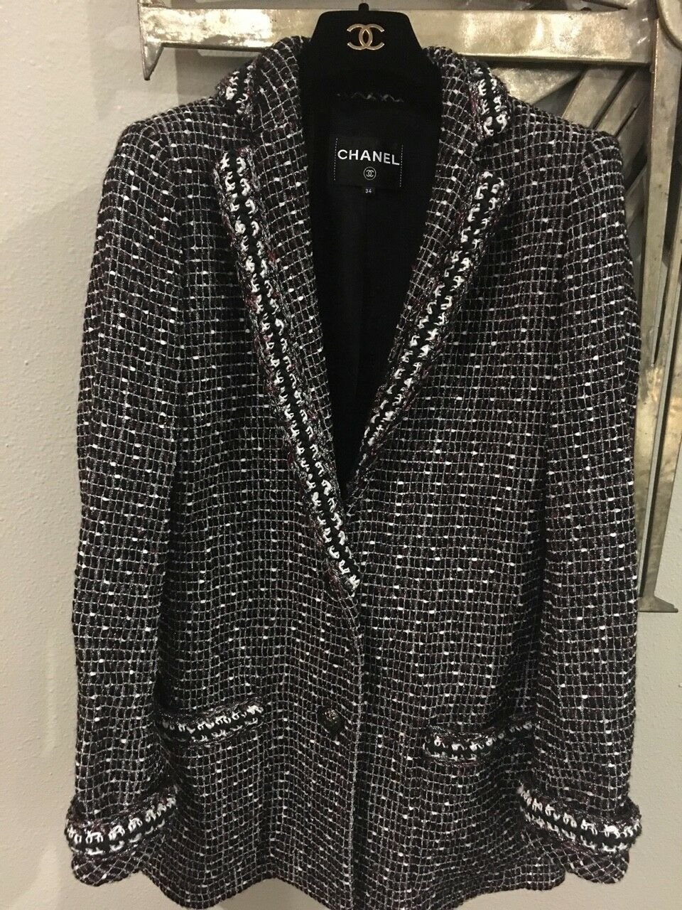 Chanel Cotton Tweed Fringe Striped Jacket Multicolor