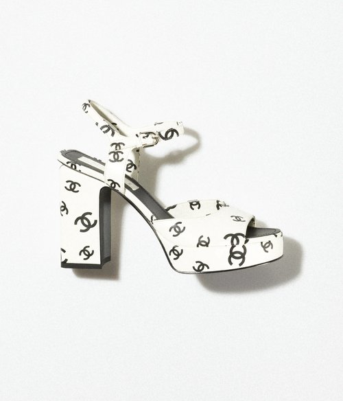 Chanel Printed Logo Platform Sandals in White — UFO No More Chanel Printed Logo Platform Sandals in White — UFO No More