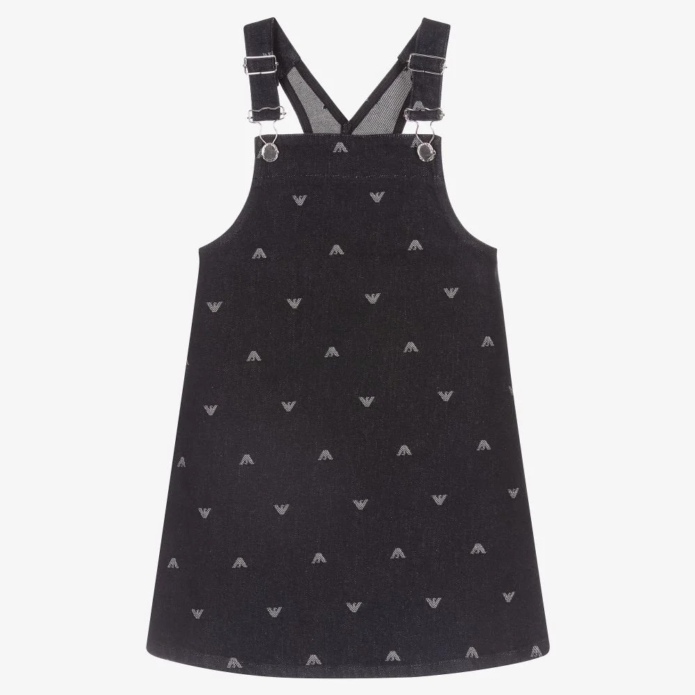 Emporio Armani Kids Denim Dungaree Dress in All-Over Eagle Pattern