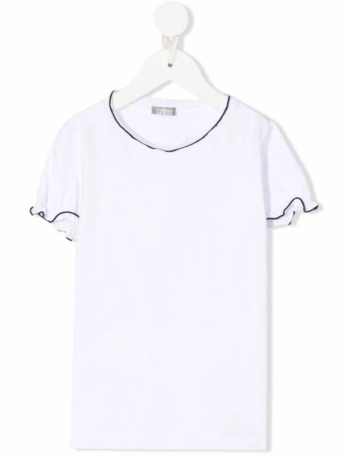 Il Gufo Flared Contrast-Stitch T-Shirt in White/Dark Blue