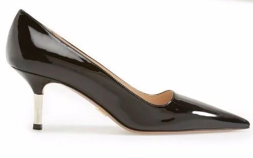Prada Metallic Low Heel Pumps in Black Patent Leather