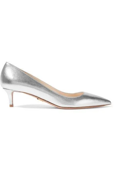 Prada Textured-Leather Low Heel Pumps in Metallic