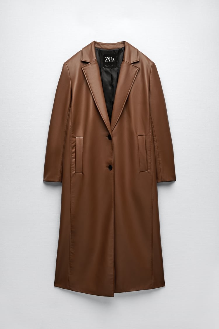 Zara Faux Leather Trench Coat in Brown.jpg