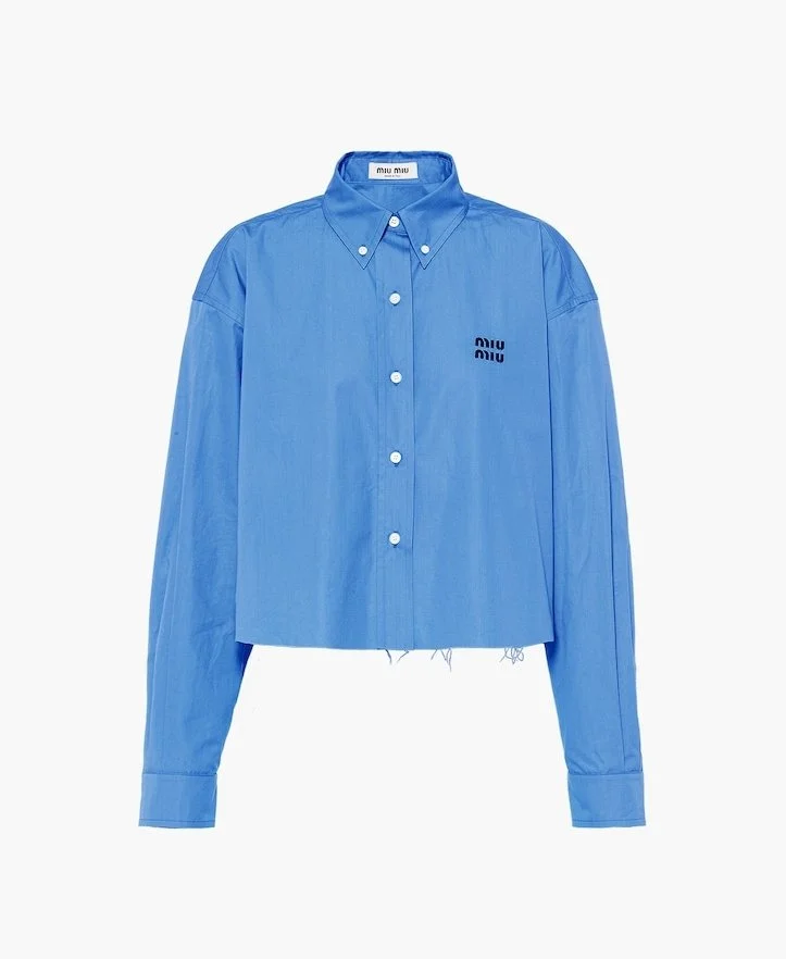 Miu Miu Cropped Logo Poplin Shirt in Blue