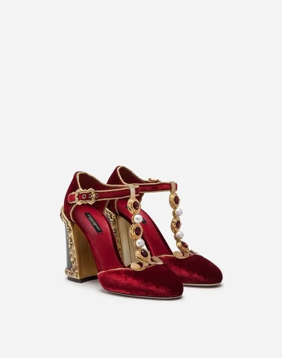 Dolce & Gabbana Velvet T-Strap Embroidered Pumps