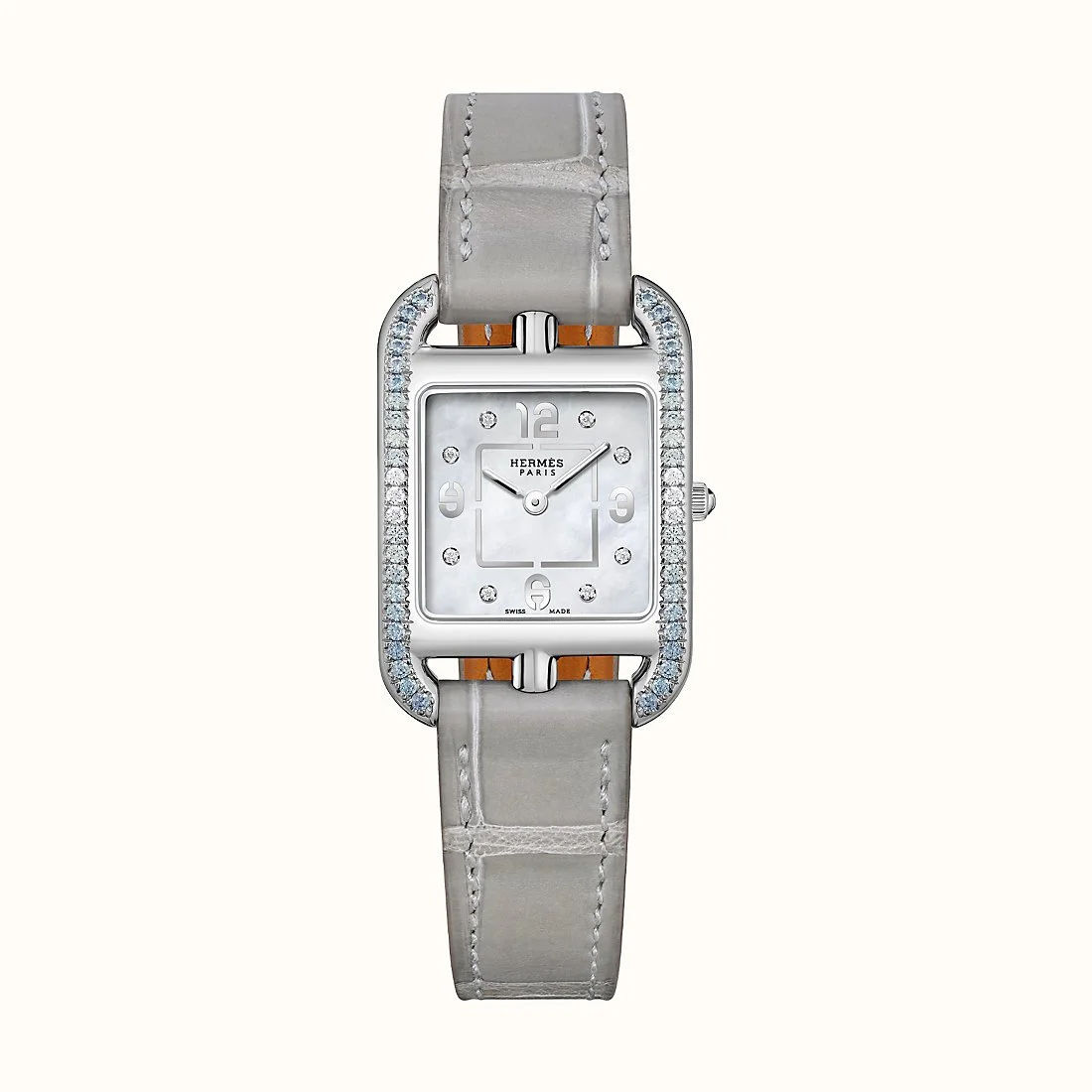 Hermes Cape Cod Watch with Diamond Set Dial and White Alligator Strap