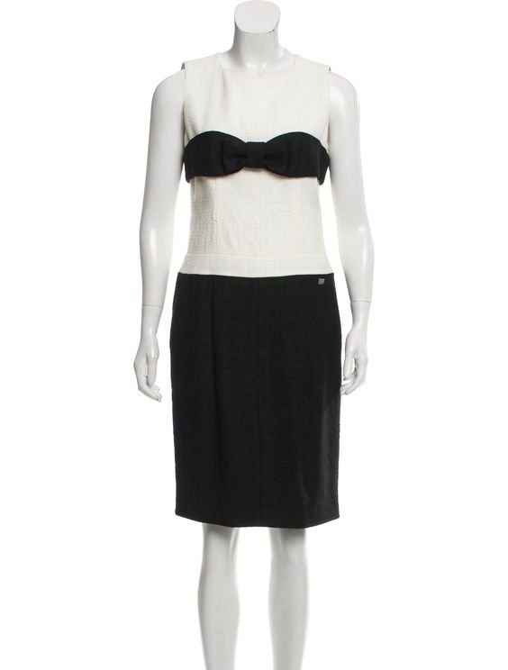 NWOT CHANEL 09C BLACK BOW ACCENT ECRU TWEED DRESS FR38