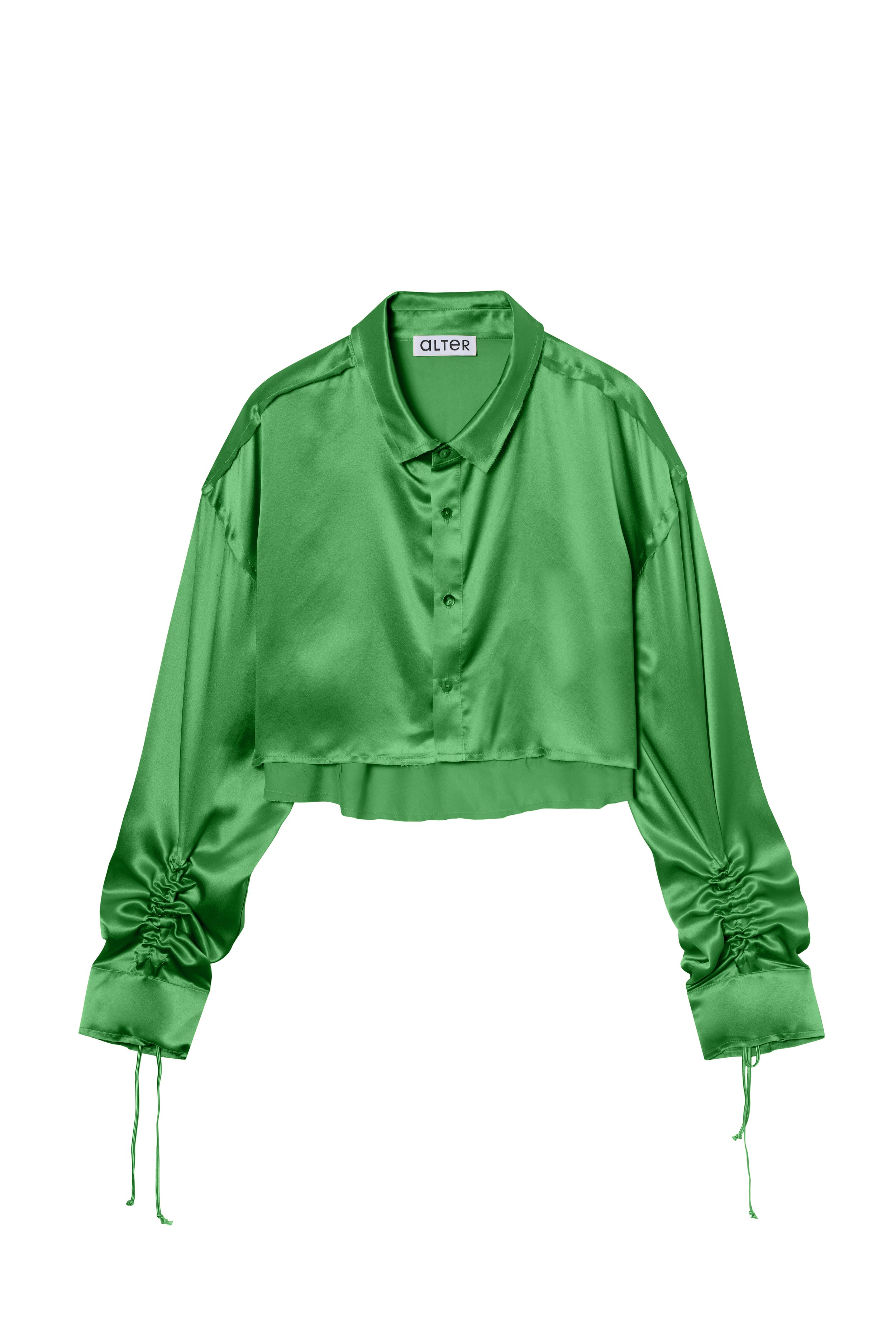 Alter Designs Lou Cropped Shirt in Green Satin Silk.jpg