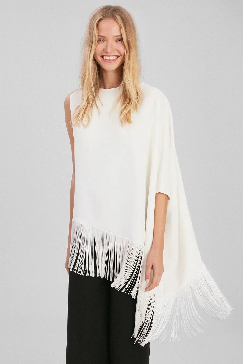 Carolina Herrera Asymmetric Oversized Fringe Crepe Top