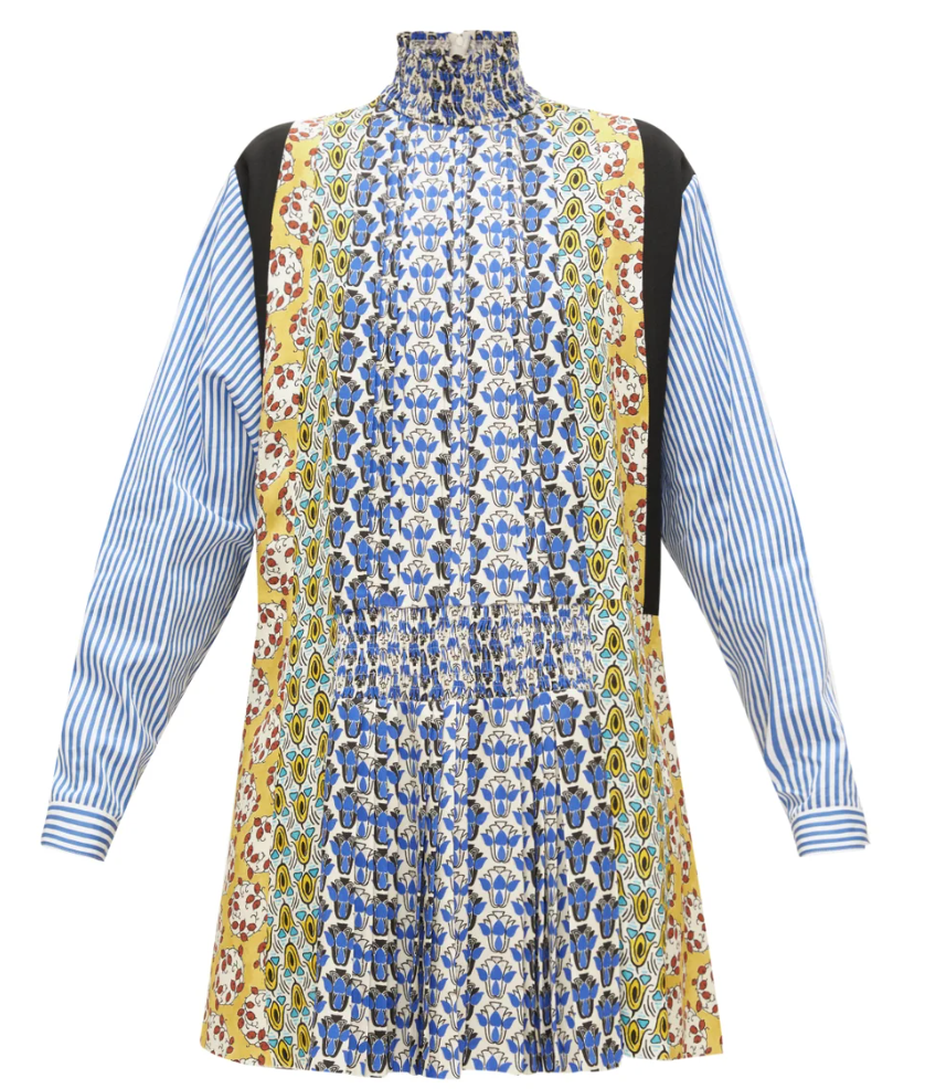 Prada Smocked High-neck Floral-print Panelled Mini Dress