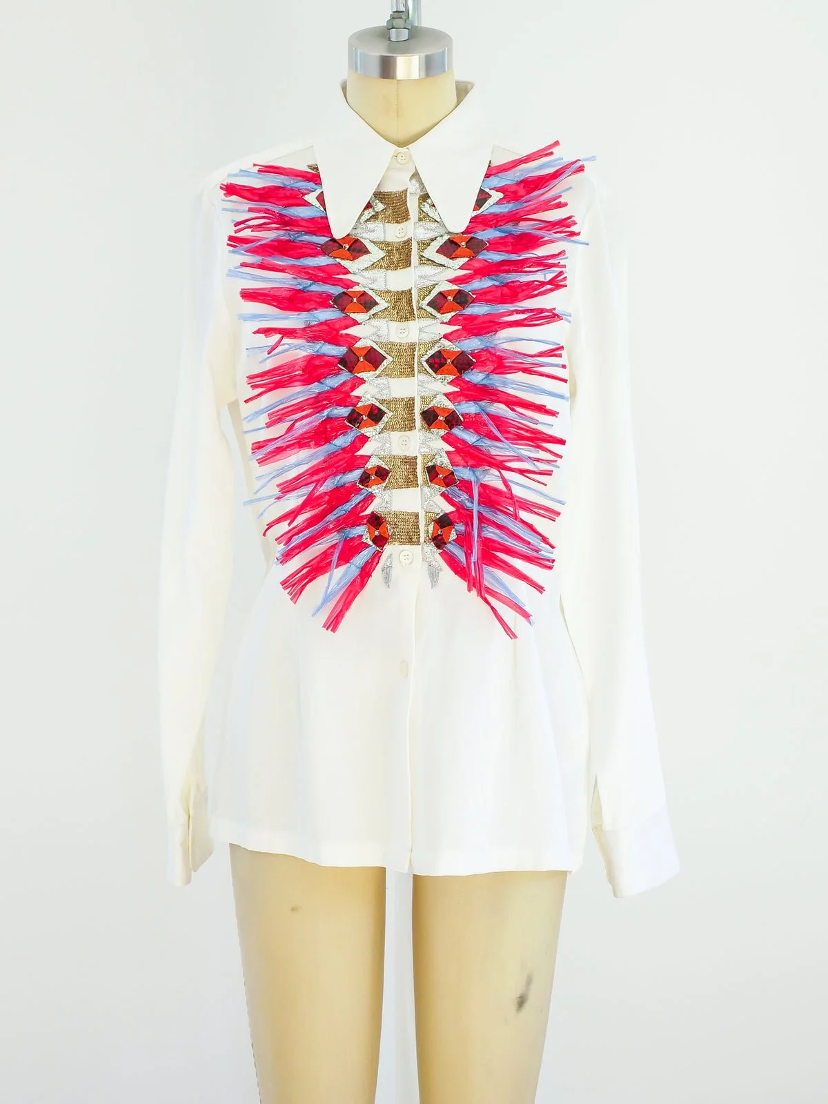 Dries Van Noten Embellished Shirt with Raffia Trim in Black