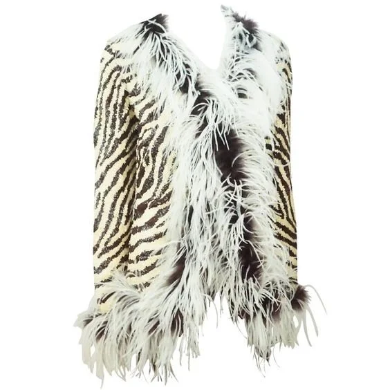 Valentino Animal Print Sequin Silk Jacket with Maribou Trim