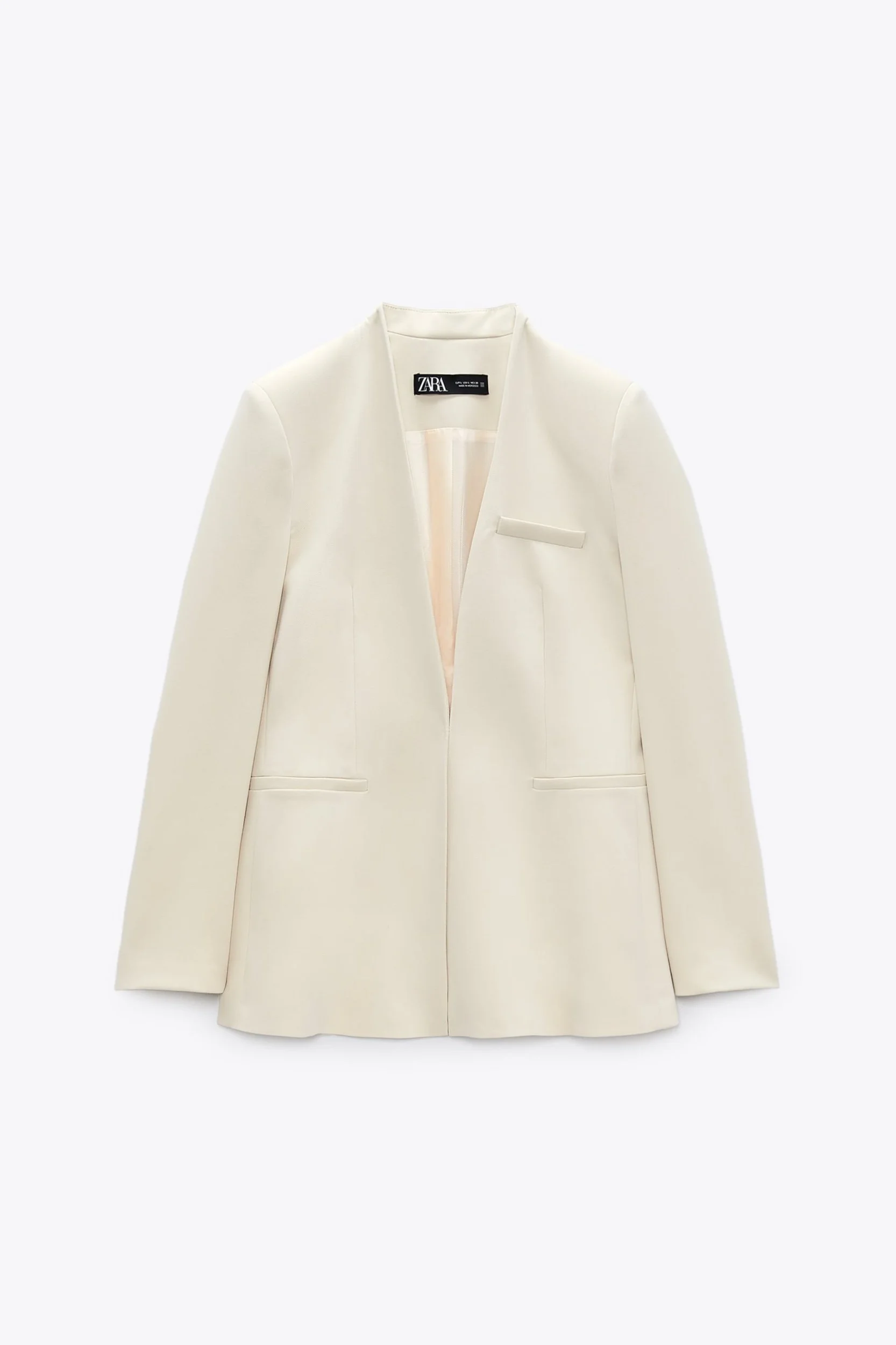 Zara Long Blazer with Inverted Lapel Collar in Ecru