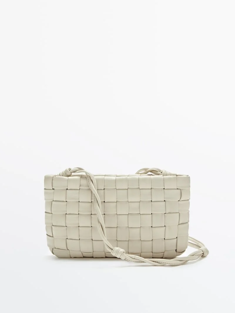 Massimo Dutti Woven Leather Clutch-Style Handbag in White