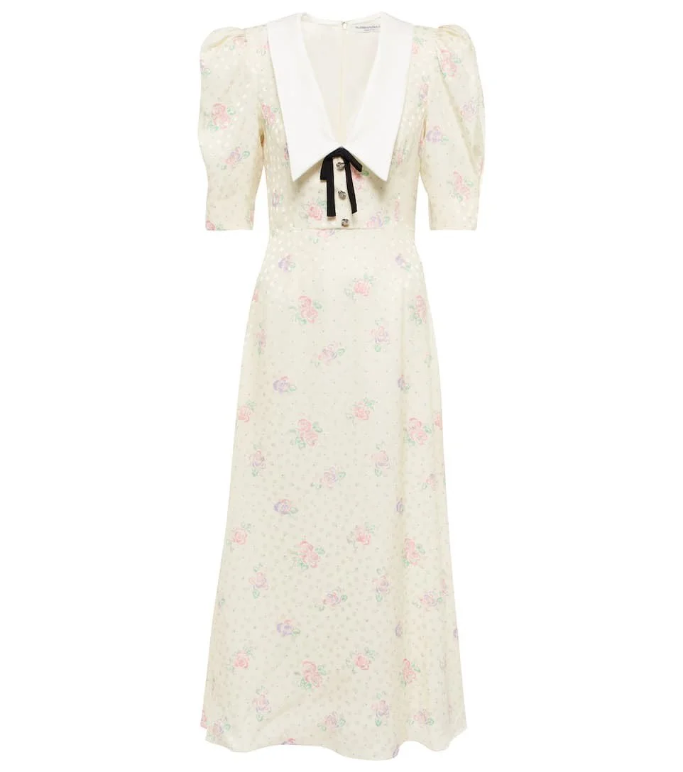 Alessandra Rich Dupioni-Trimmed Floral Print Midi Dress