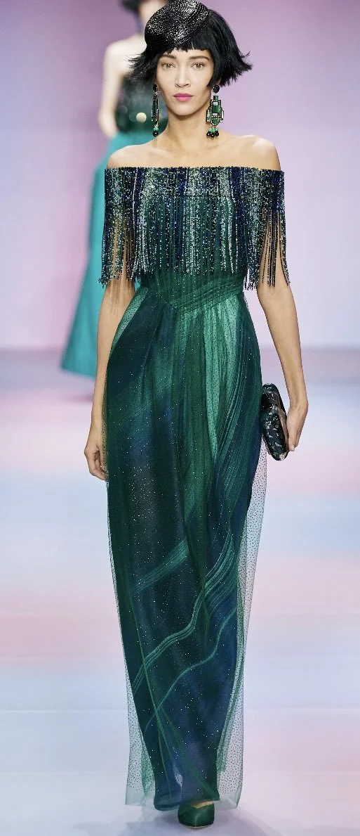 Armani Privé Off-The-Shoulder Fringe Sequin Gown in Blue